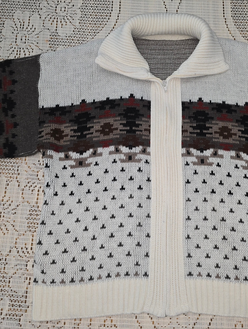 London Fog Men's Cream Zip-Front Fair Isle Sweater